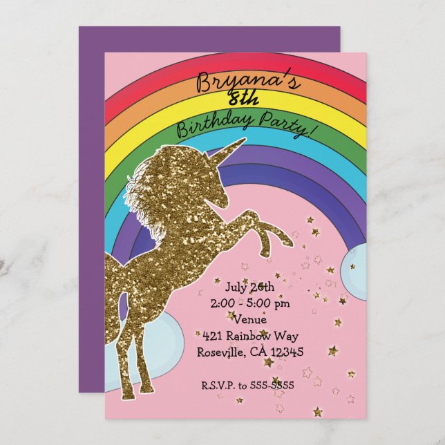 Invitation Retro Unicorn Rainbow & Gold Stars Anniversaire (Devant / Derrière)