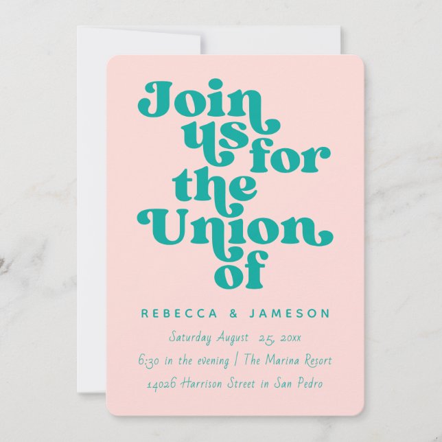 Invitation Retro Union rose et Mariage Turquoise (Devant)