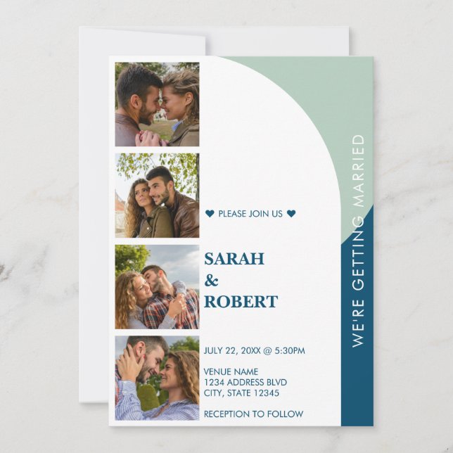 Invitation Retro Vert Bleu Blanc Photo Booth Mariage Collage (Devant)