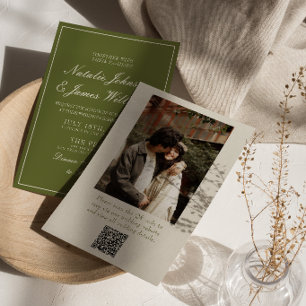 Invitation Rétro Vert Olive Ancien Argent Code QR Photo Maria