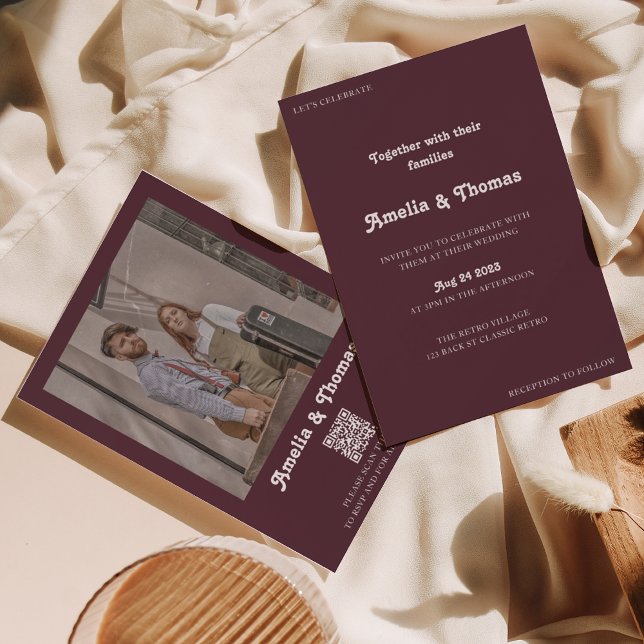 Invitation Retro Vibes Bourgogne Photo QR Code Mariage (Créateur téléchargé)