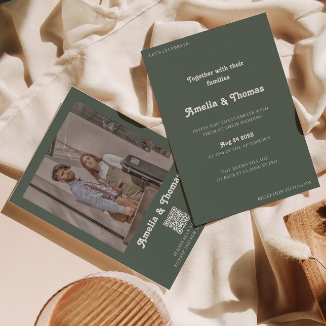 Invitation Retro Vibes Dark Green Photo QR Code Mariage (Créateur téléchargé)