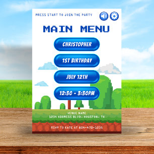 Invitation Retro Video Game Menu 1ère fête d'anniversaire