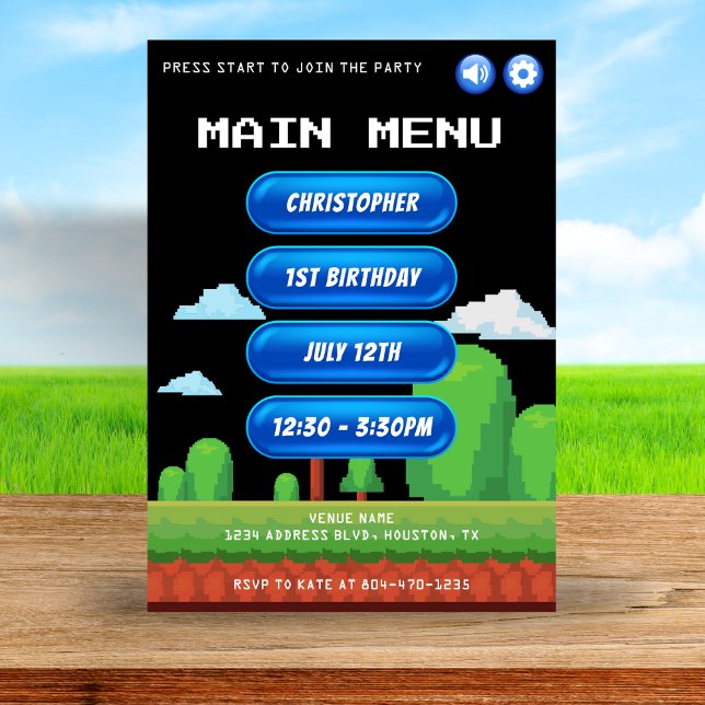 Invitation Retro Video Game Menu Noir 1ère fête d'anniversair (Retro Video Game Menu Black 1st Birthday Party Invitation
)