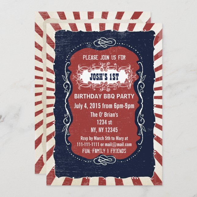 Invitation Retro Vintage 4 juillet anniversaire (Devant / Derrière)