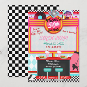Invitation Rétro Vintage Années 50 Diner Fête d'Anniversaire
