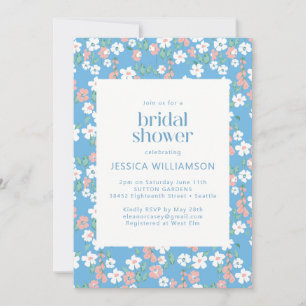 Invitation Retro Vintage Boho Bleu Floral Mariage Bébé Shower