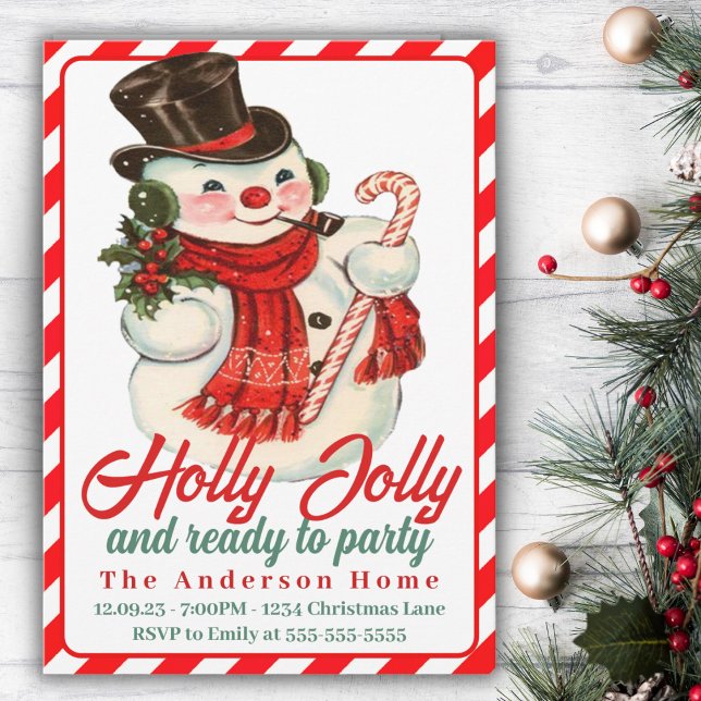Invitation Retro Vintage Holly Jolly Snowman Noël personnalis (Retro Vintage Holly Jolly Snowman Custom Christmas Invitation)