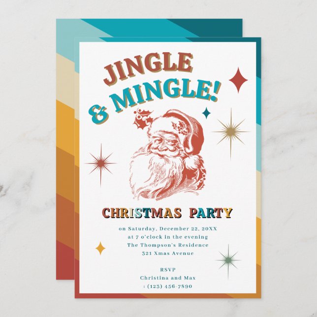 Invitation Retro Vintage Santa Christmas Party Jingle Mingle (Devant / Derrière)