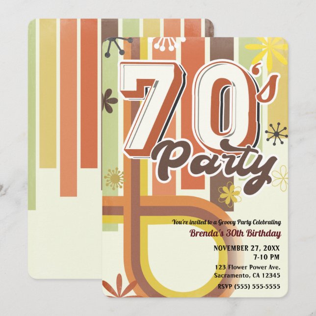 Invitation Retro Vintage Super 70's 1970 Seventies Party (Devant / Derrière)