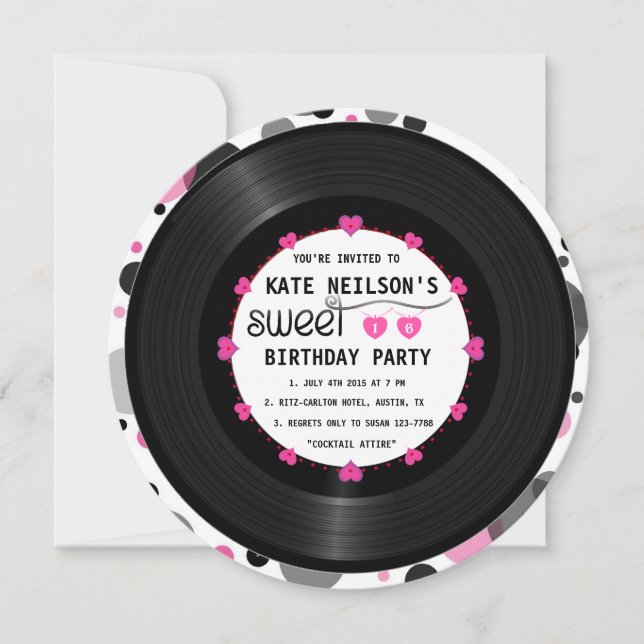 Invitation Rétro Vinyl Record l Modern Chic Sweet 16 B'day (Devant)