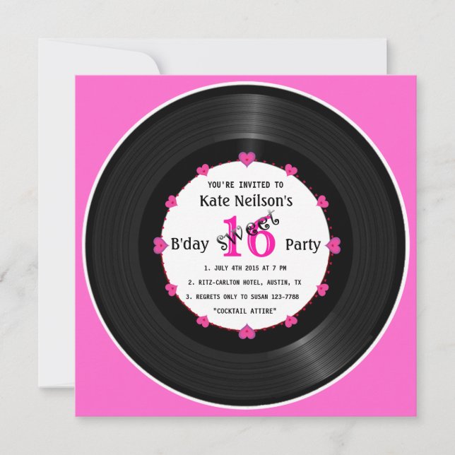 Invitation Rétro Vinyl Record l Modern Sweet 16 B'day (Devant)