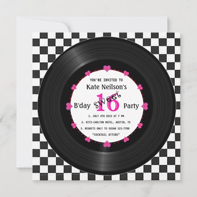 Invitation Rétro Vinyl Record l Modern Sweet 16 B'day (Devant)