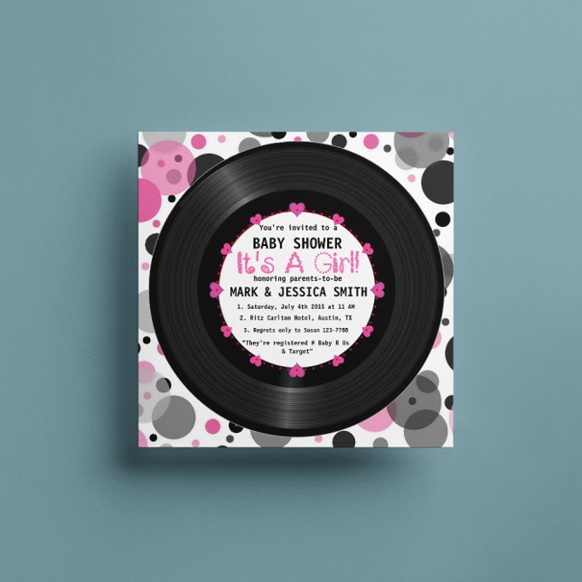 Invitation Retro Vinyl Record l Moderne Chic Girl Baby shower (Créateur téléchargé)
