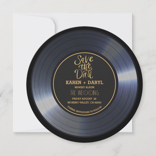 Invitation Retro Vinyl Record Noir Mariage Enregistrer la Dat (Devant)