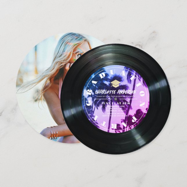 Invitation Retro Vinyl Record Palm Tree Photo Graduation (Devant / Derrière)