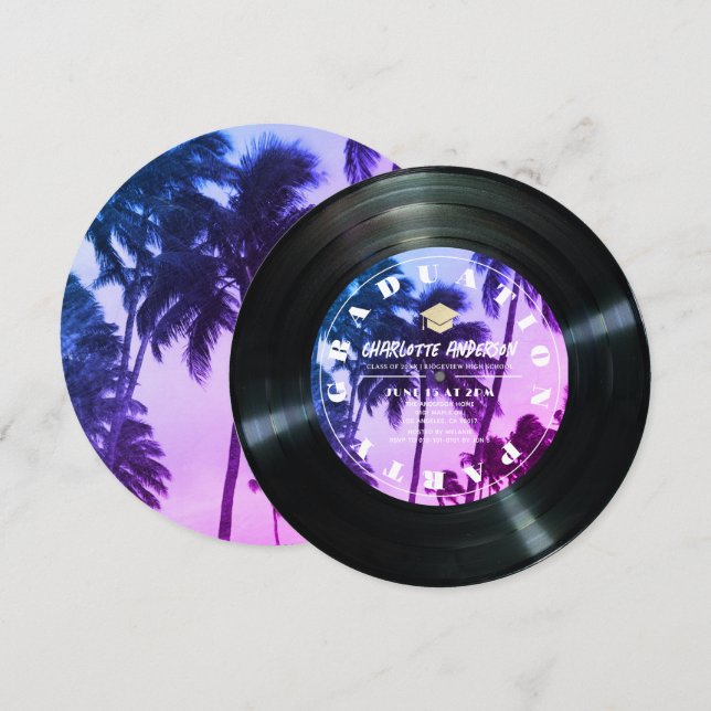 Invitation Rétro Vinyl Record Tropical Palm Tree Graduation (Devant / Derrière)
