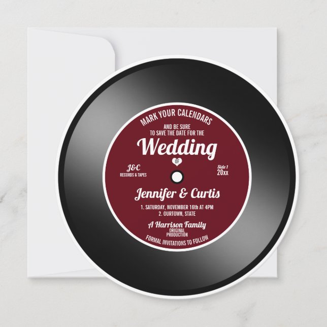 Invitation Retro Vinyl Record Vin Mariage rouge Enregistrer l (Devant)