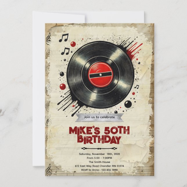 Invitation rétro vinyle pour une fête d'anniversai (Devant)