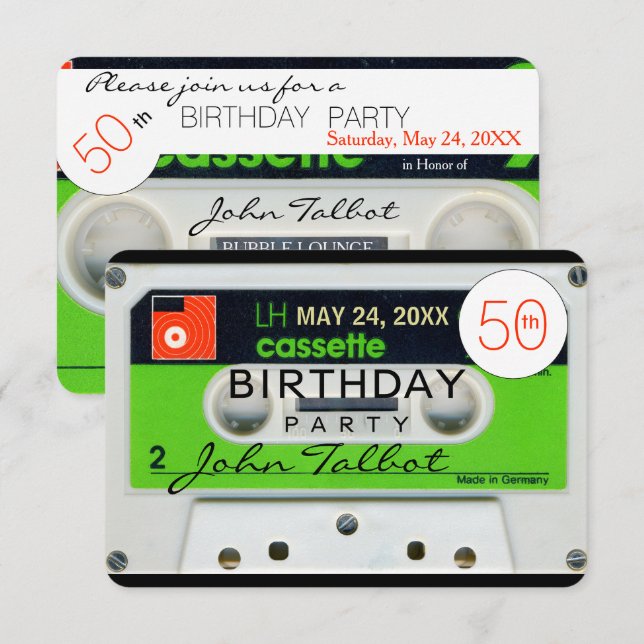 Invitation Retro W Cassette bande 50e anniversaire fêté Inv. (Devant / Derrière)