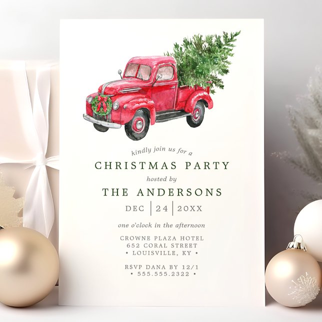 Invitation Retro Watercolor Red Truck Christmas Party (Créateur téléchargé)