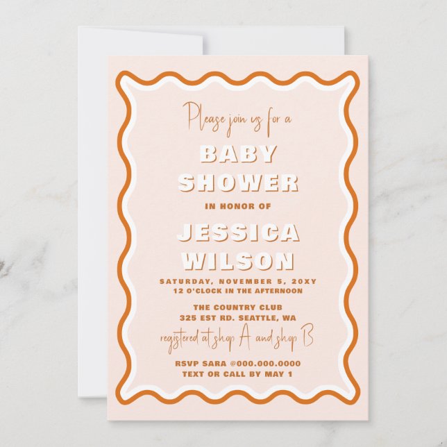 Invitation Retro Wavy Terracotta Baby shower neutre genre (Devant)