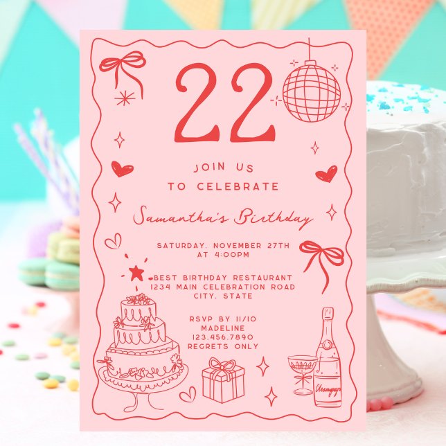 Invitation Retro Whimsical Quirky Red Pink 22e anniversaire (Créateur téléchargé)