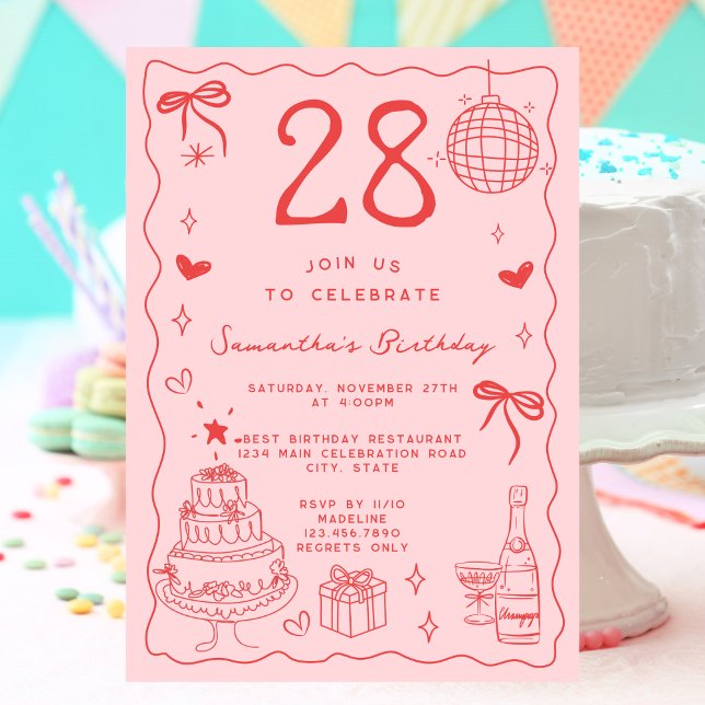 Invitation Retro Whimsical Quirky Red Pink 28e anniversaire (Créateur téléchargé)