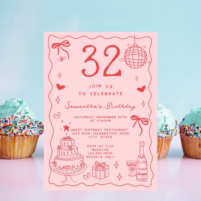 Invitation Retro Whimsical Quirky Red Pink 32e anniversaire (Créateur téléchargé)