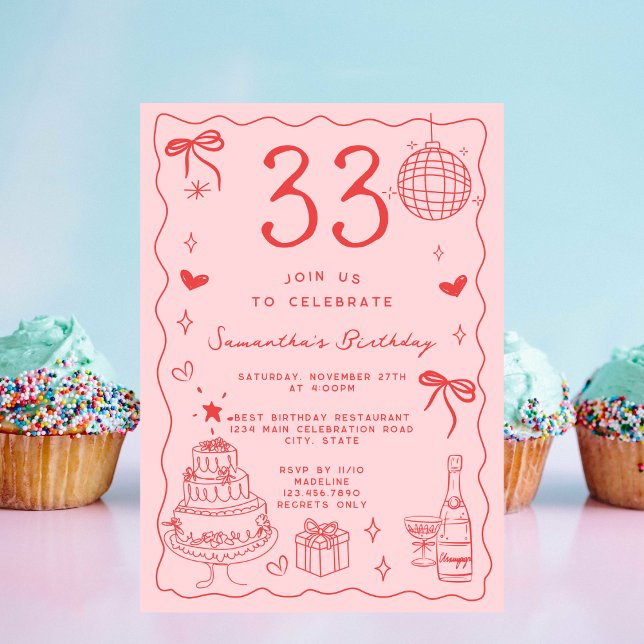 Invitation Retro Whimsical Quirky Red Pink 33e anniversaire (Créateur téléchargé)