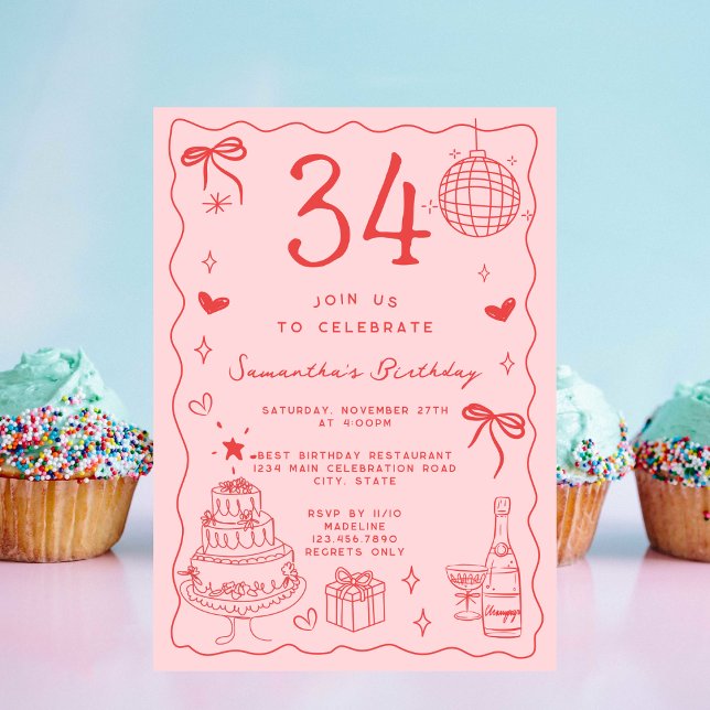 Invitation Retro Whimsical Quirky Red Pink 34e anniversaire (Créateur téléchargé)