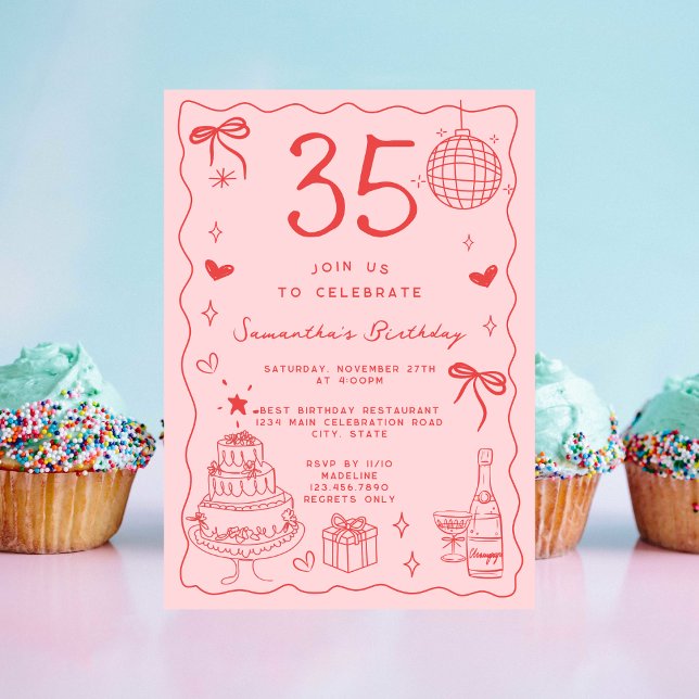 Invitation Retro Whimsical Quirky Red Pink 35e anniversaire (Créateur téléchargé)
