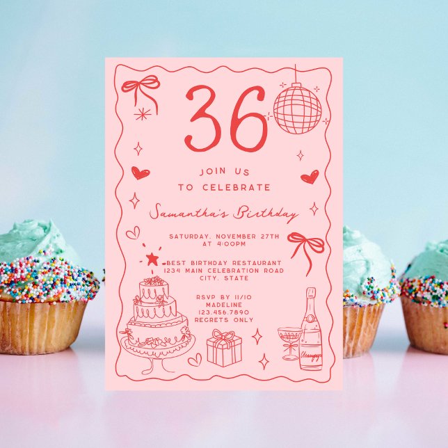 Invitation Retro Whimsical Quirky Red Pink 36e anniversaire (Créateur téléchargé)