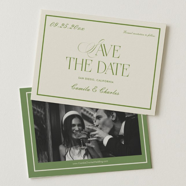 Invitation Retro White and Green Wedding Save the date Photo  (Créateur téléchargé)