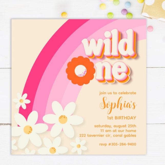 Invitation Retro Wild One Daisy Anniversaire rose (Créateur téléchargé)
