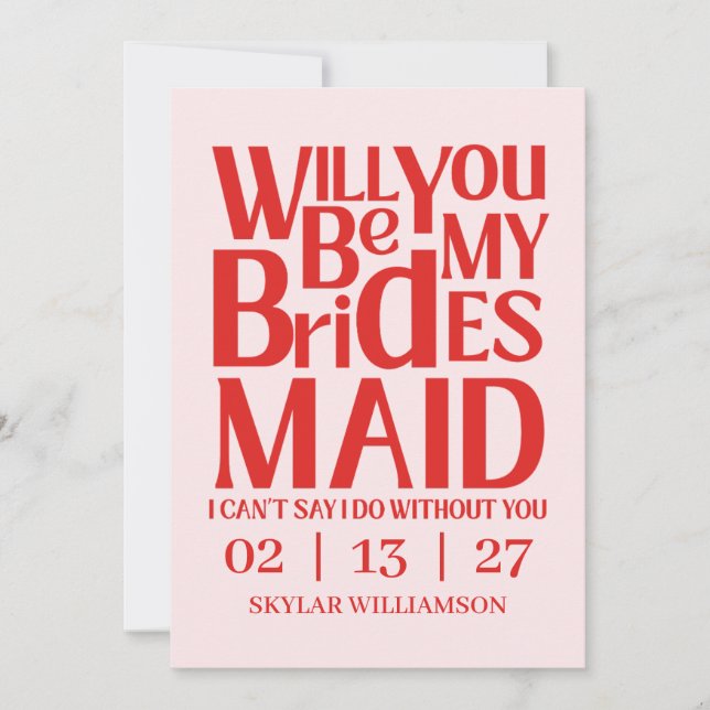 Invitation Retro Will You Be My Bridesmaid Red Pink (Devant)