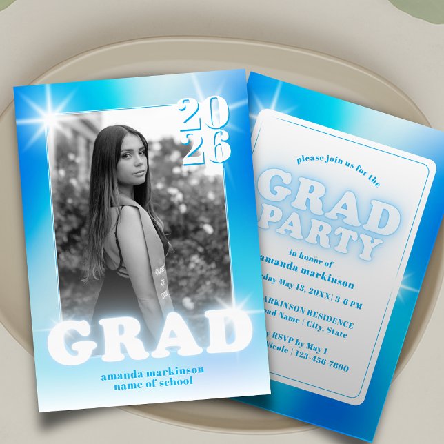 Invitation Retro Y2K Cyber Blue Neon Graduation Photo Party (Créateur téléchargé)