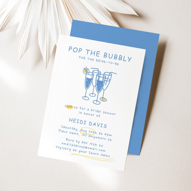 Invitation Retro Yellow & Blue Pop La Fête des mariées Bubly (Retro Yellow & Blue Pop The Bubbly Bridal Shower Invitation)