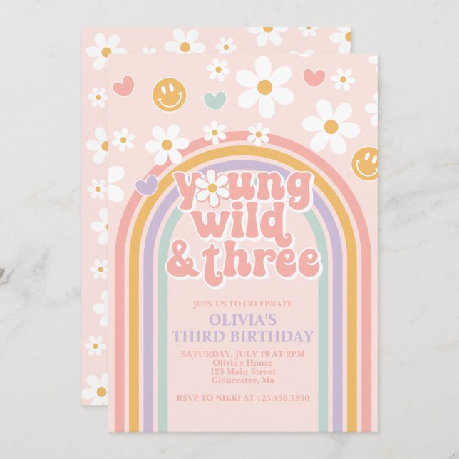 Invitation Retro Young Wild et Three Rainbow 3e anniversaire (Devant / Derrière)