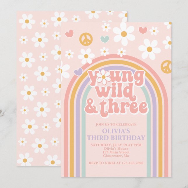 Invitation Retro Young Wild et Trois Arc-en-ciel 3e anniversa (Devant / Derrière)
