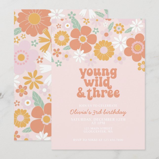 Invitation Retro Young Wild Three Floral 3e anniversaire (Devant / Derrière)