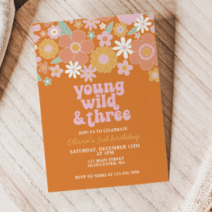 Invitation Retro Young Wild Three Floral premier anniversaire