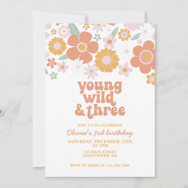Invitation Retro Young Wild Trois Floral 3e anniversaire (Devant)