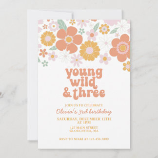 Invitation Retro Young Wild Trois Floral 3e anniversaire