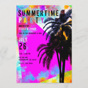 Invitation Rétros palmiers colorés de partie de plage d'été