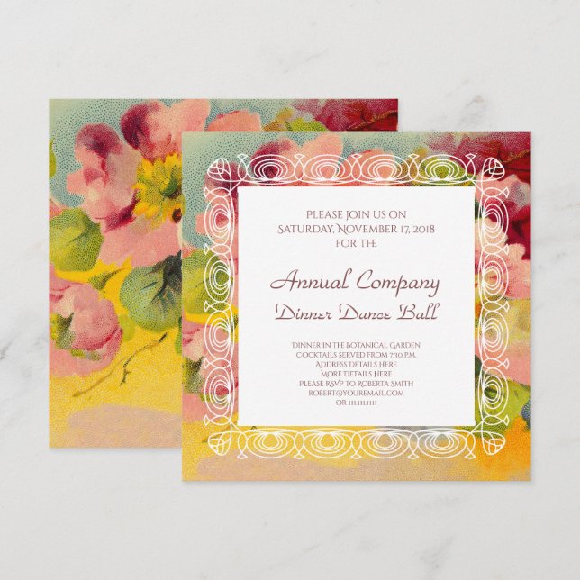 Invitation Rétros primevères florales vintages roses (Devant / Derrière)