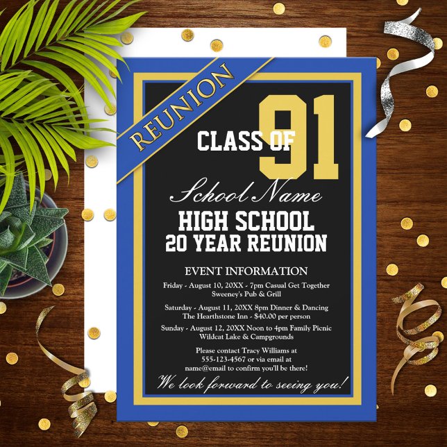 Invitation Retrouvailles au lycée classique bleu et or (Créateur téléchargé)