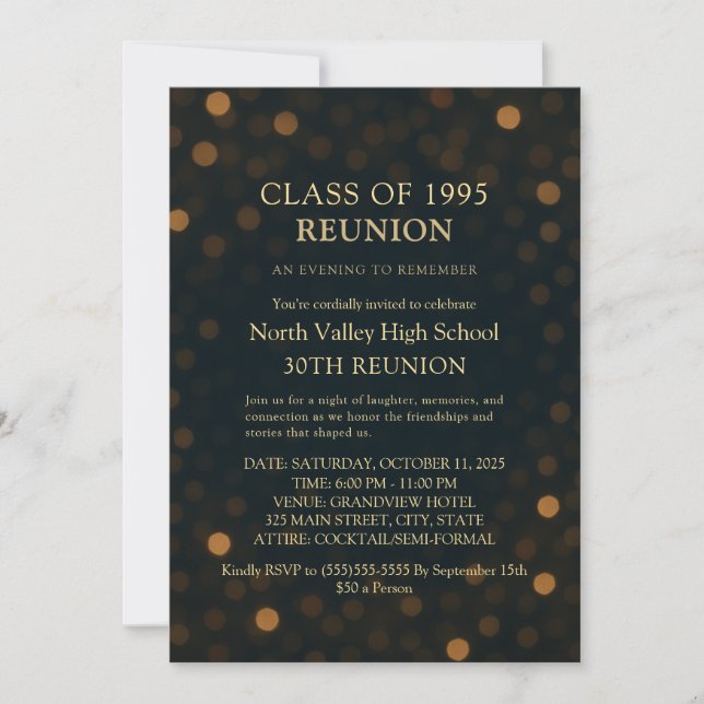 Invitation Réunion de classe 30 ans Bokeh Or Navy Élégant (Devant)