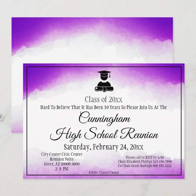 Invitation Réunion de classe de lycée à l'aquarelle violette (Devant / Derrière)