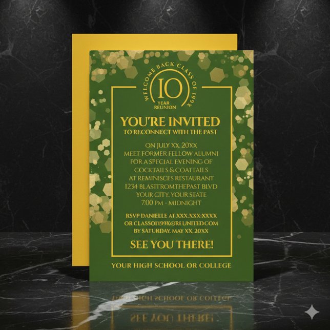Invitation Réunion de classe Green & Gold (Elegant Green & Gold School Class Reunion Invitation Cover Photo)
